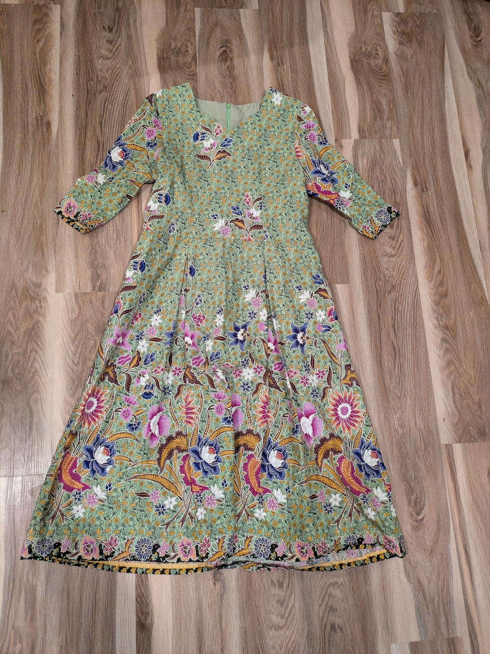 Thai Silk Floral Maxi Dress Sage Green Pink Batik Style Small NWOT